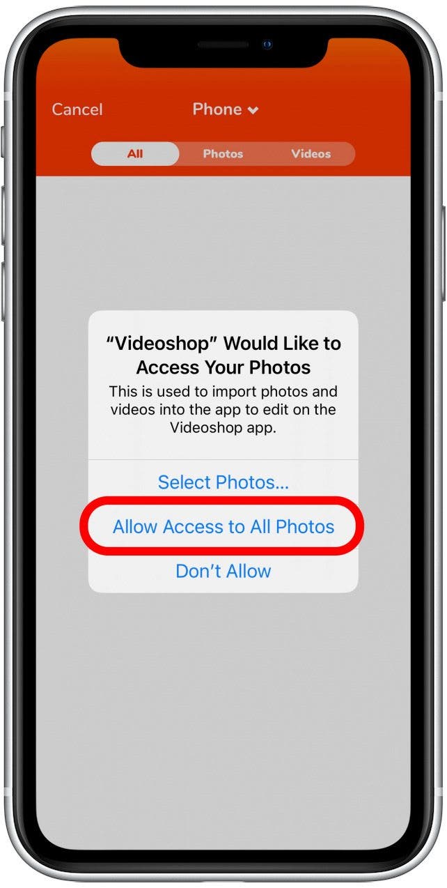 Appuyez sur Autoriser l'accès à toutes les photos. Vous pouvez également donner à l'application l'accès à des photos/vidéos individuelles spécifiques si vous préférez.