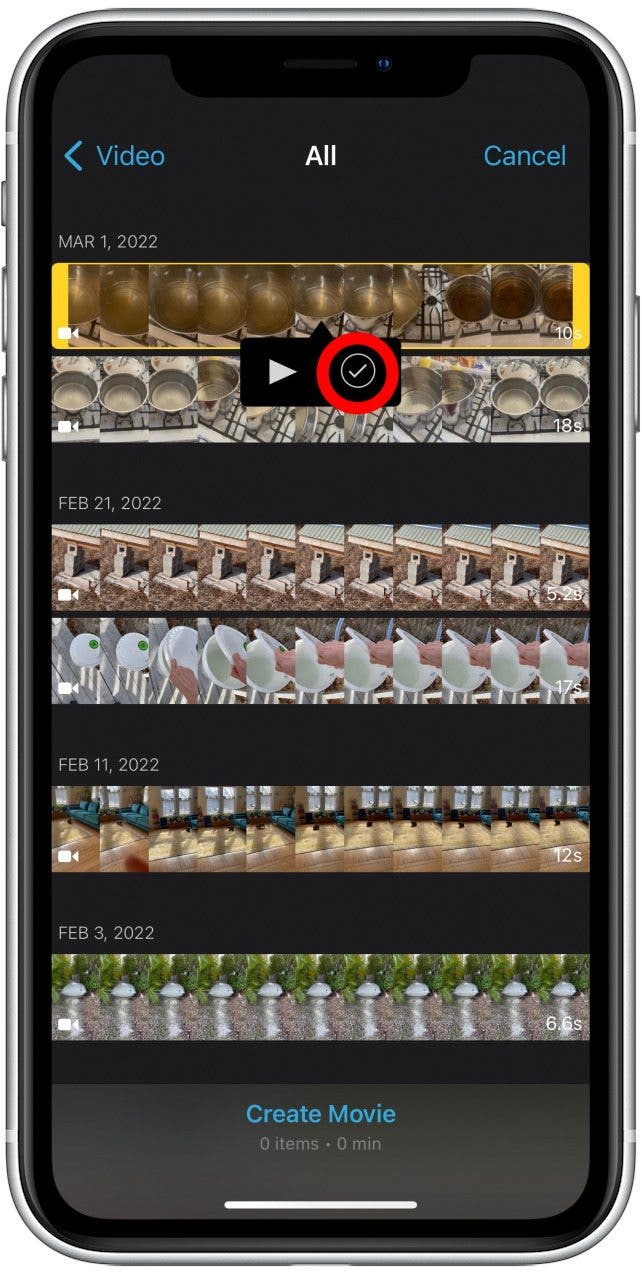 Appuyez sur la coche pour ajouter la vidéo sélectionnée à votre projet. Vous pouvez également appuyer sur le bouton de lecture pour regarder la vidéo si vous souhaitez vérifier qu'il s'agit bien de celle que vous souhaitez.