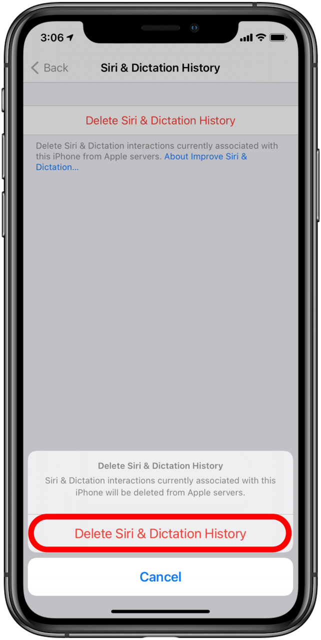 Confirmez en appuyant sur Supprimer l'historique de Siri et de dictée en bas