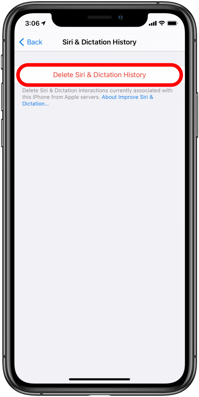 Sélectionnez Supprimer l'historique de Siri et de dictée