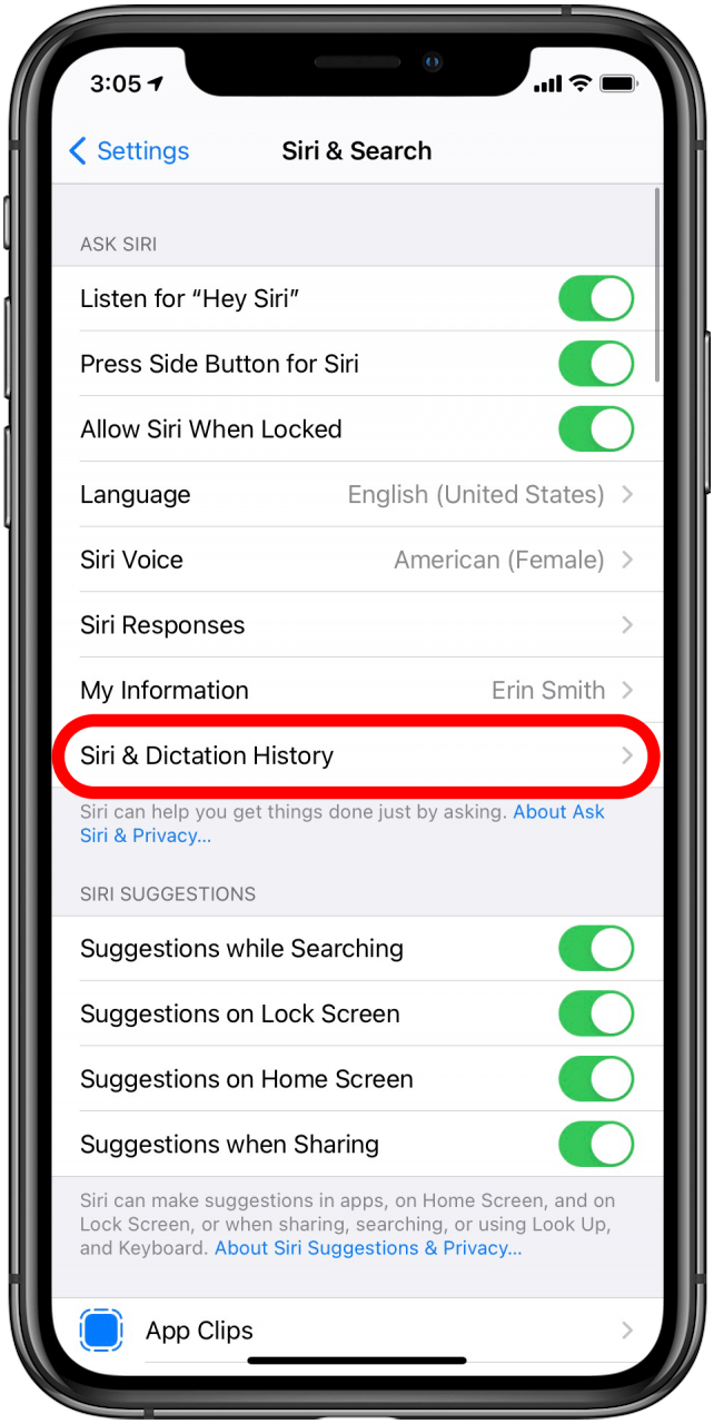 Appuyez sur Siri et historique de dictée