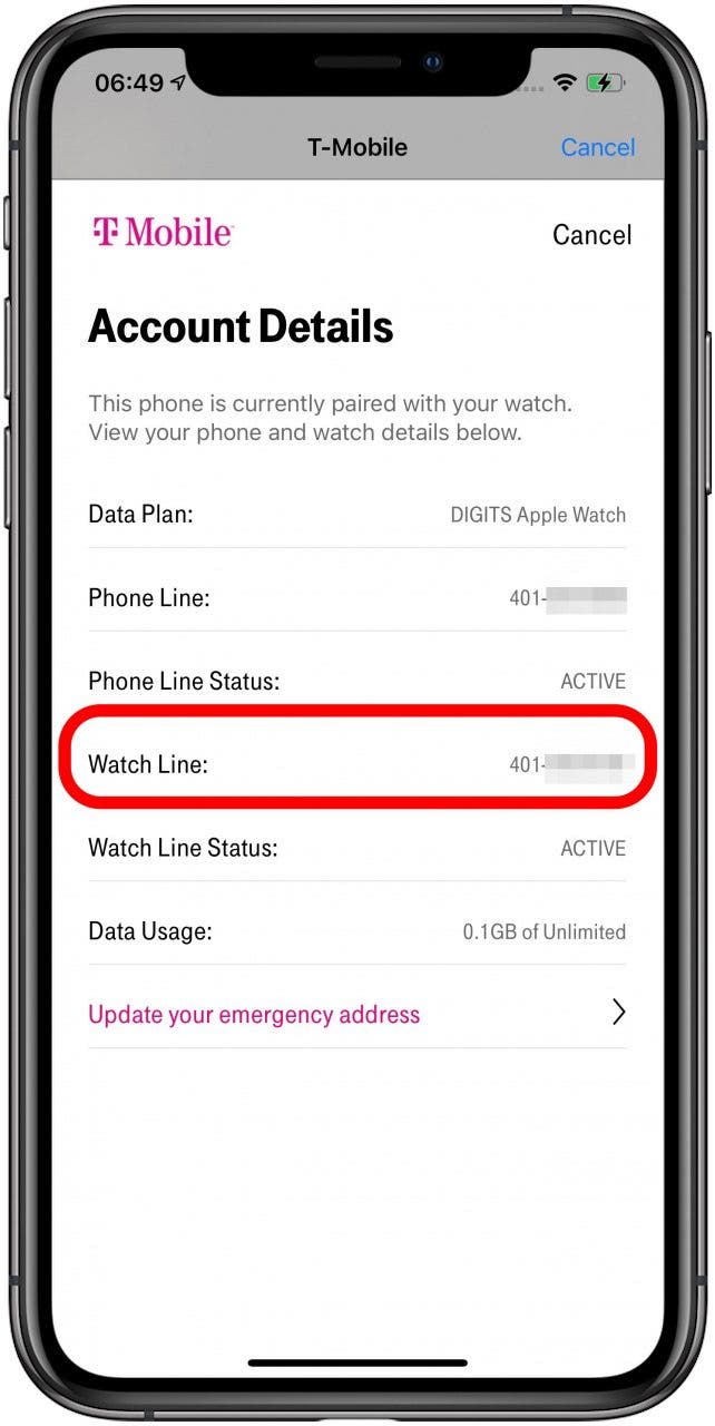 À côté de Watch Line, vous verrez votre numéro de téléphone Apple Watch.