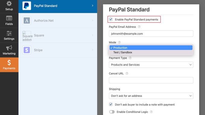 Cochez la case Activer les paiements standard PayPal Cochez la case Activer les paiements standard PayPal