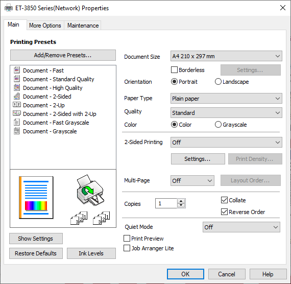 Epson EcoTank ET-3850 capture d'écran des propriétés d'impression