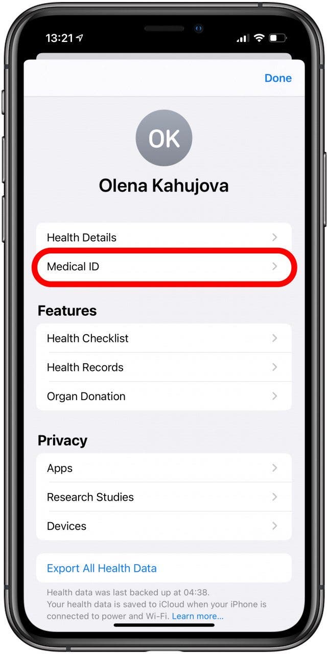 Appuyez sur ID médical.