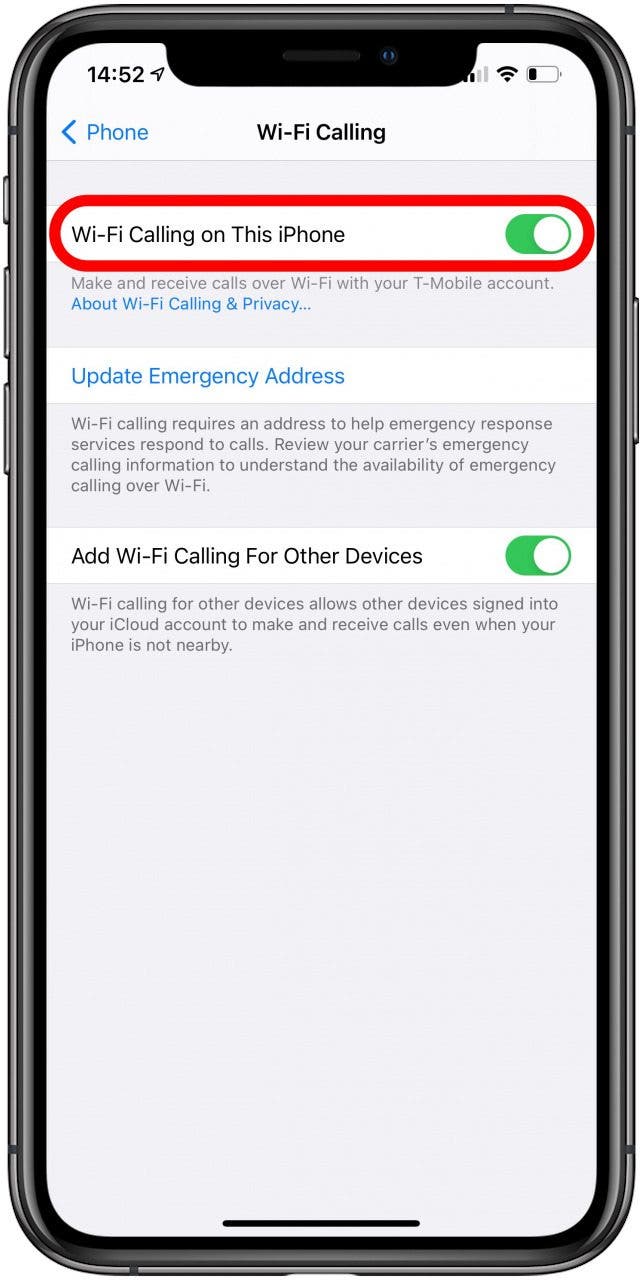 Assurez-vous que la bascule Appels Wi-Fi est activée.