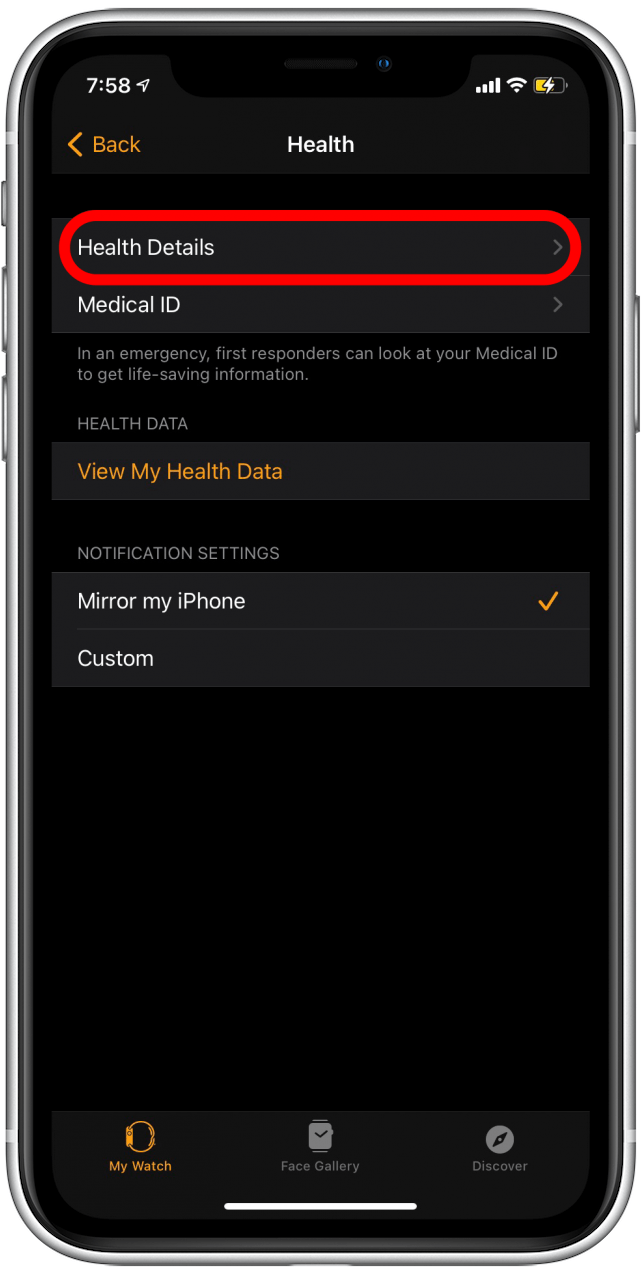 Appuyez sur Détails de la santé