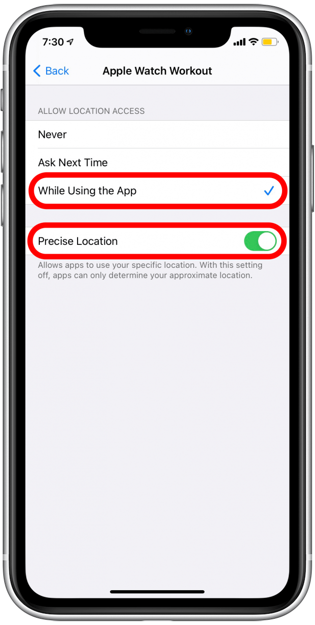 Assurez-vous de sélectionner Lors de l'utilisation de l'application et assurez-vous que l'emplacement précis est activé