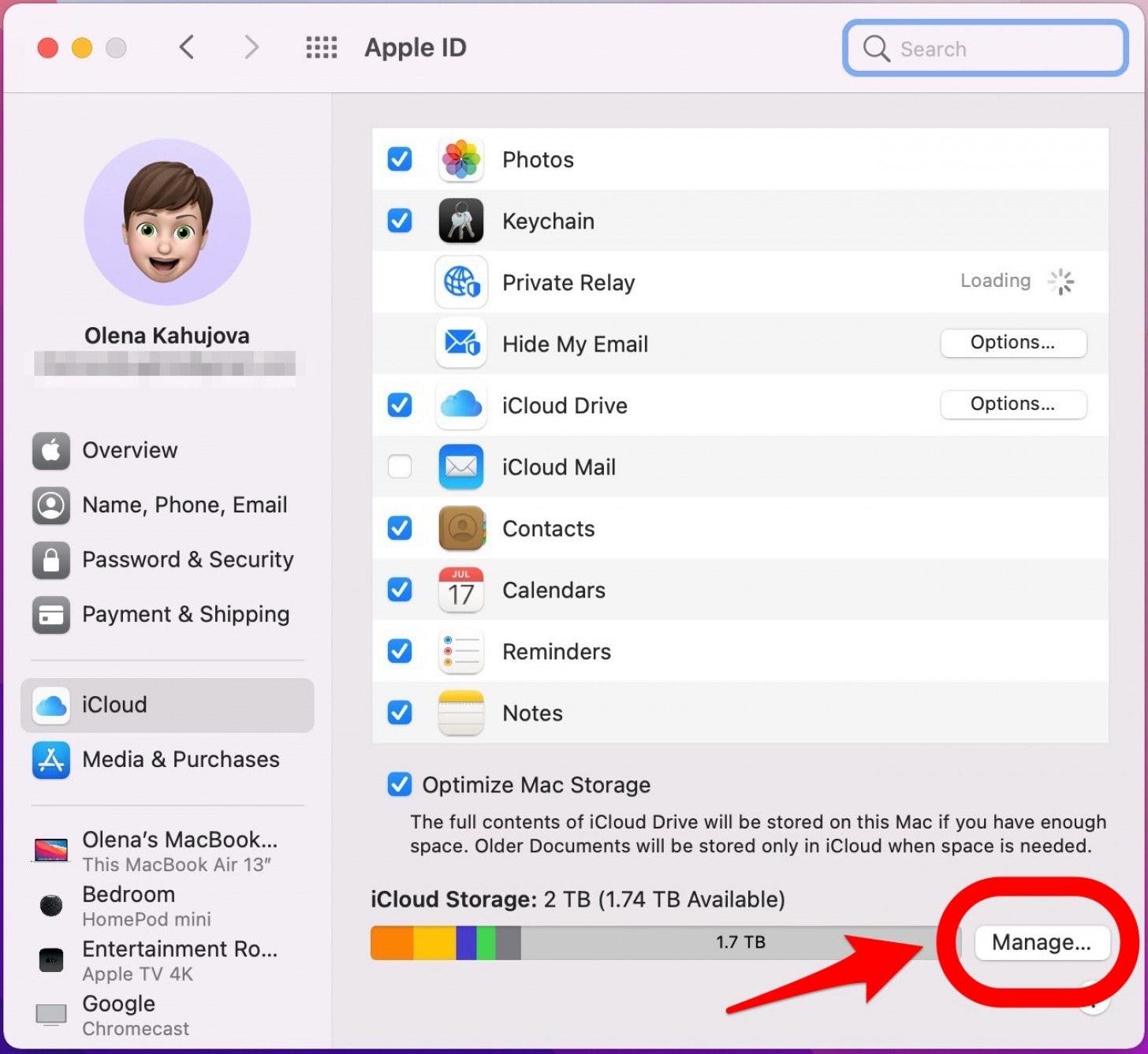Cliquez sur Gérer - comment sauvegarder l'ordinateur sur icloud