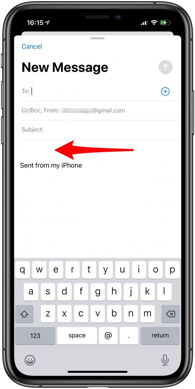 Appuyez à l'intérieur du corps de l'e-mail.