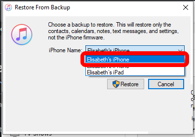 Sélectionnez l'iPhone ou l'iPad correct