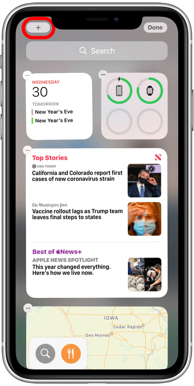 Appuyez sur l'icône blanche plus en haut pour ajouter plus de widgets