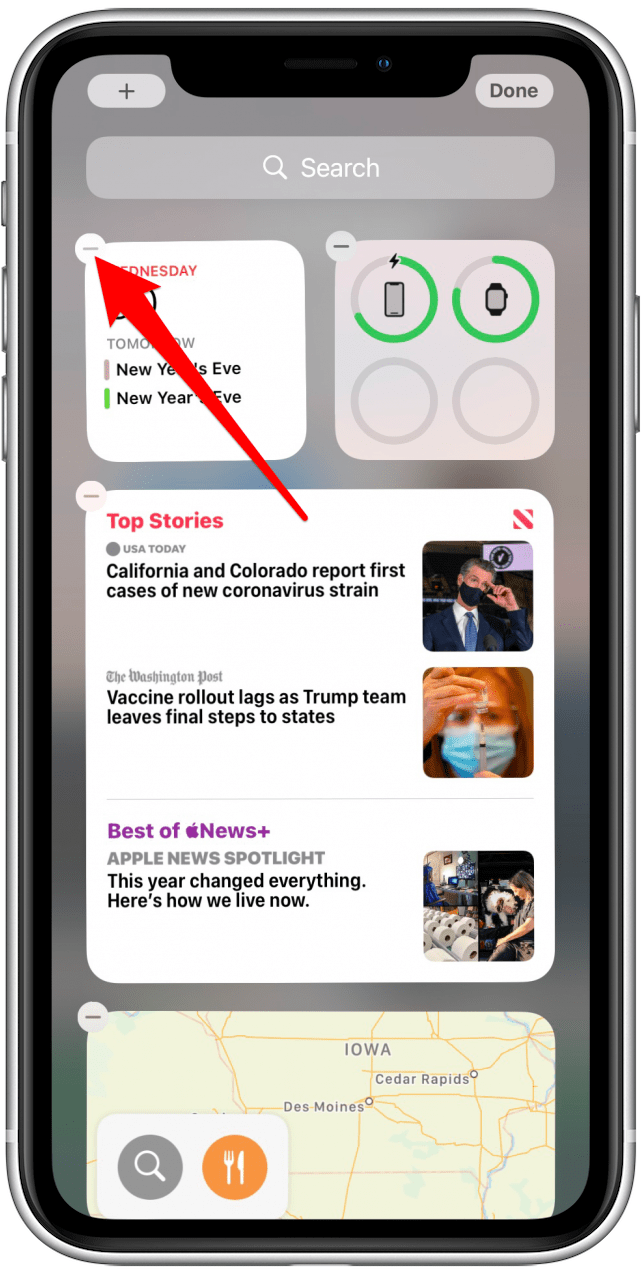 Appuyez sur l'icône grise moins pour supprimer les widgets existants