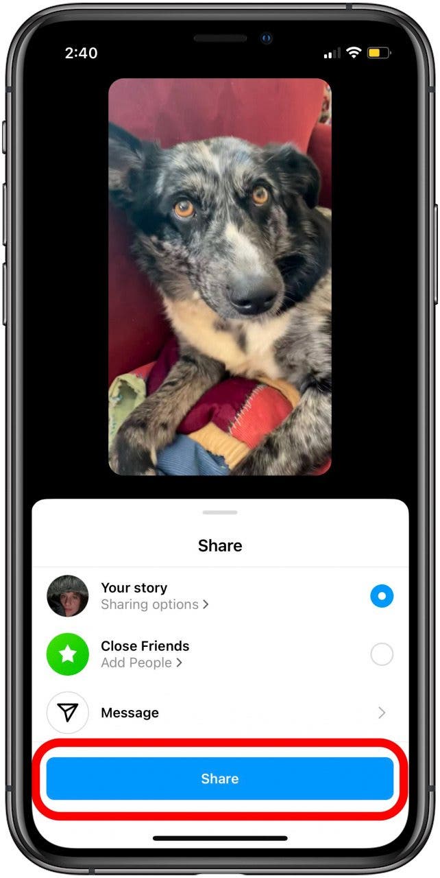 appuyez sur terminé puis appuyez sur partager pour partager votre photo en direct sur instagram