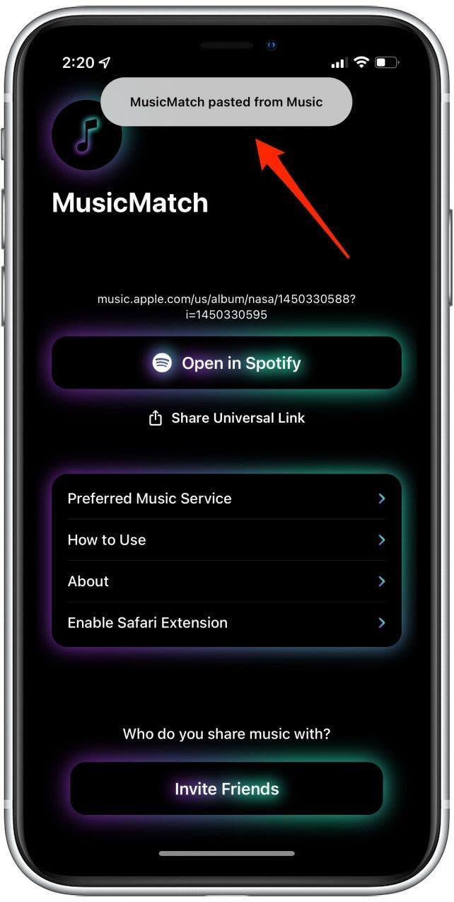 Coller le lien de la chanson dans l'application MusicMatch