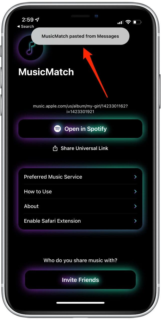 Collez le code de Spotify dans l'application MusicMatch