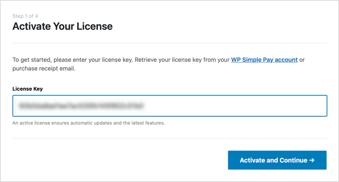 Il vous sera demandé d'entrer votre clé de licence WP Simple Pay Il vous sera demandé d'entrer votre clé de licence WP Simple Pay