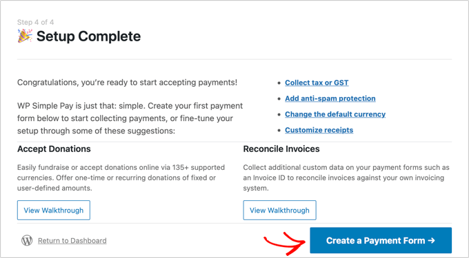 La configuration de WP Simple Pay est terminée La configuration de WP Simple Pay est terminée