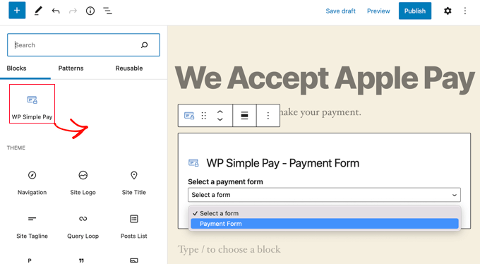 Ajouter le bloc WP Simple Pay à une publication ou à une page Ajouter le bloc WP Simple Pay à une publication ou à une page