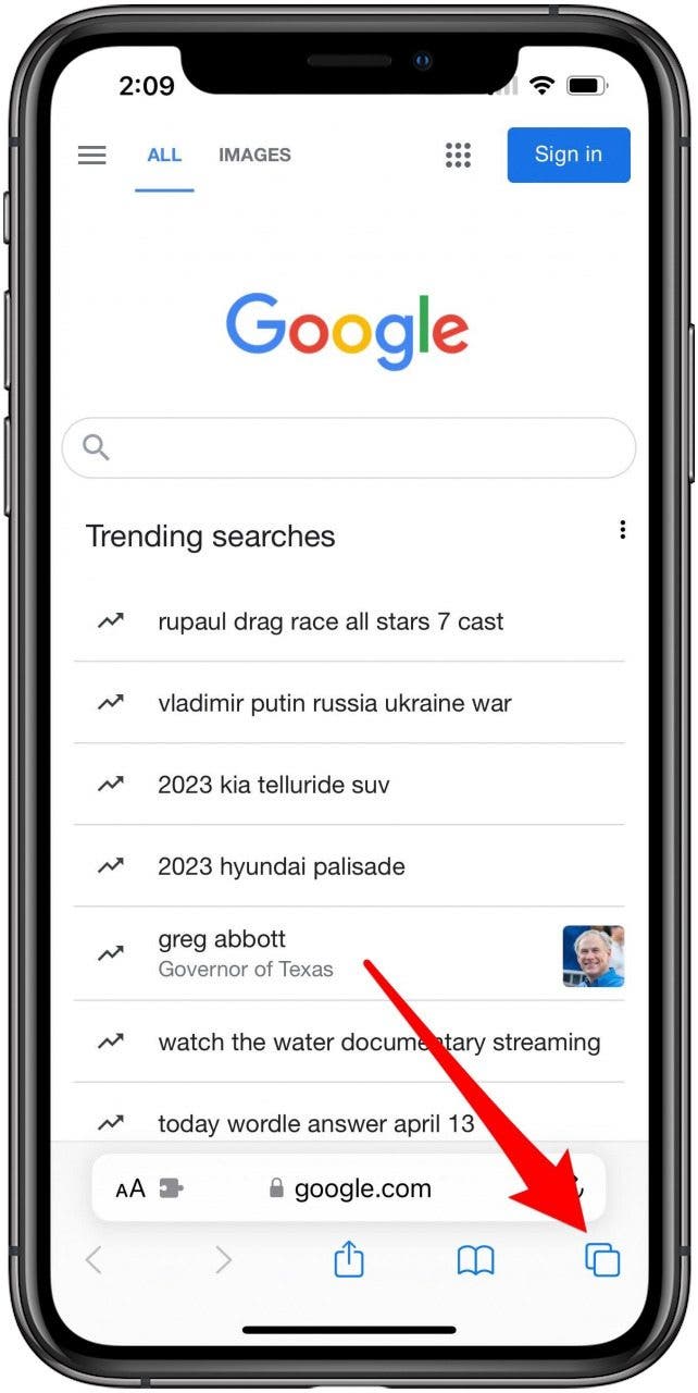 Écran de l'application Safari avec le bouton Onglets marqué