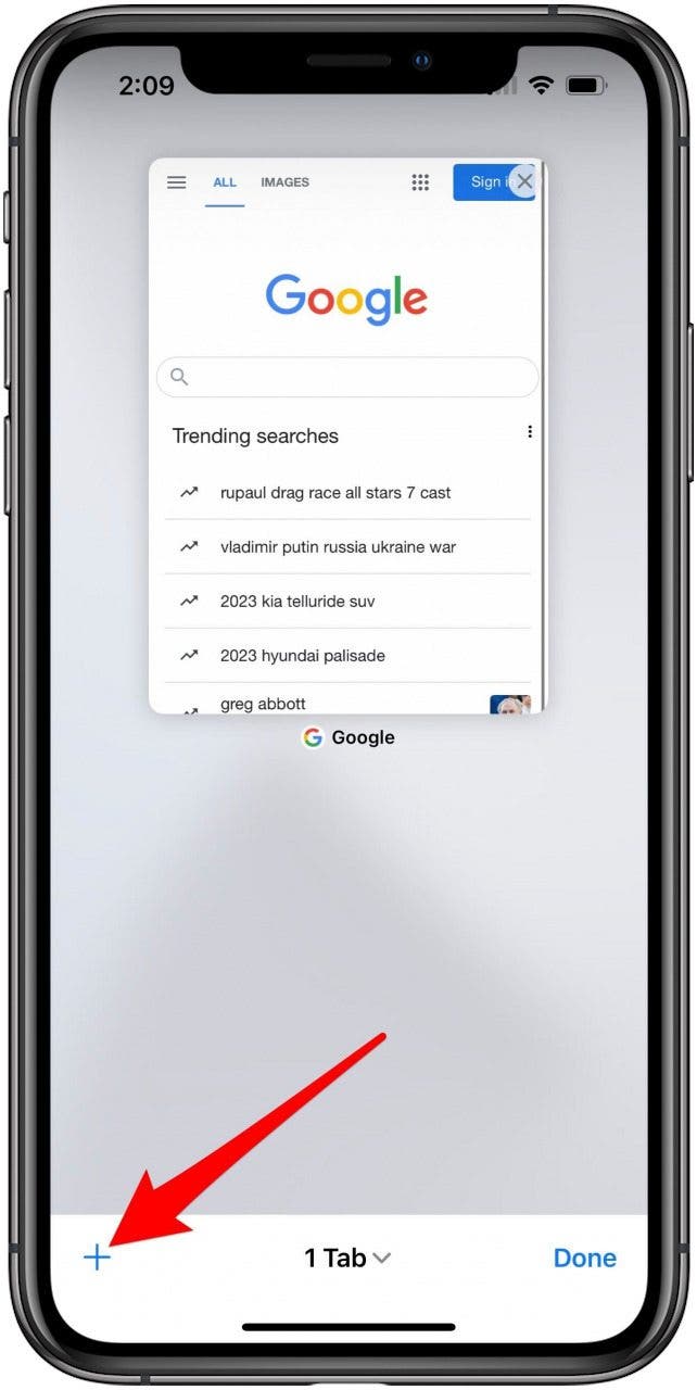 Écran Safari Tabs avec le bouton Nouvel onglet marqué