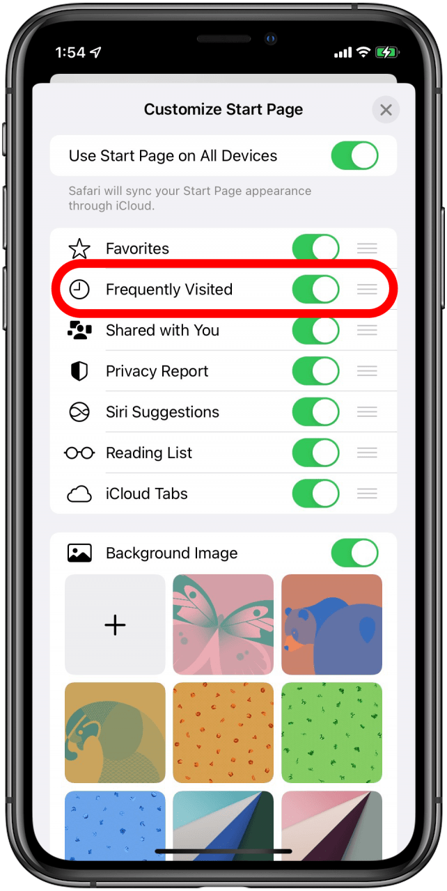 Personnaliser la page de démarrage dans Safari avec la bascule Fréquemment visitée marquée