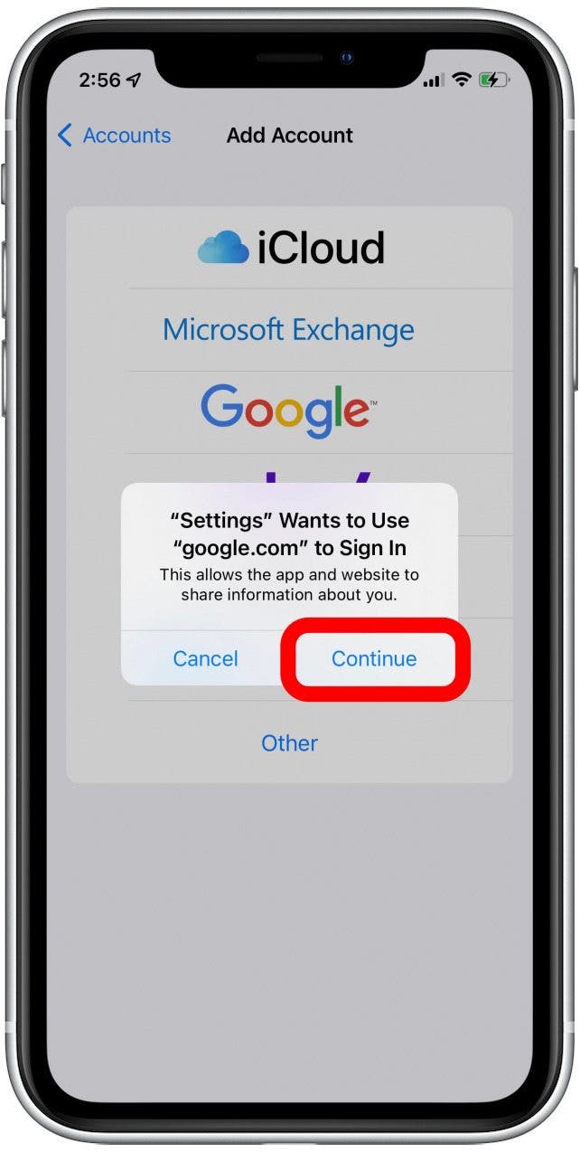appuyez sur continuer pour ajouter un autre compte gmail