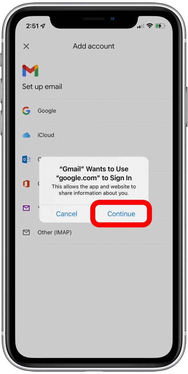 appuyez sur continuer pour ajouter un autre compte gmail