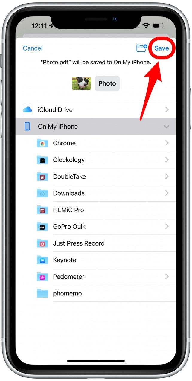 Vous pouvez choisir un dossier ou en créer un nouveau, ou simplement appuyer sur Enregistrer, et il sera enregistré à l'emplacement par défaut dans l'application Fichiers.