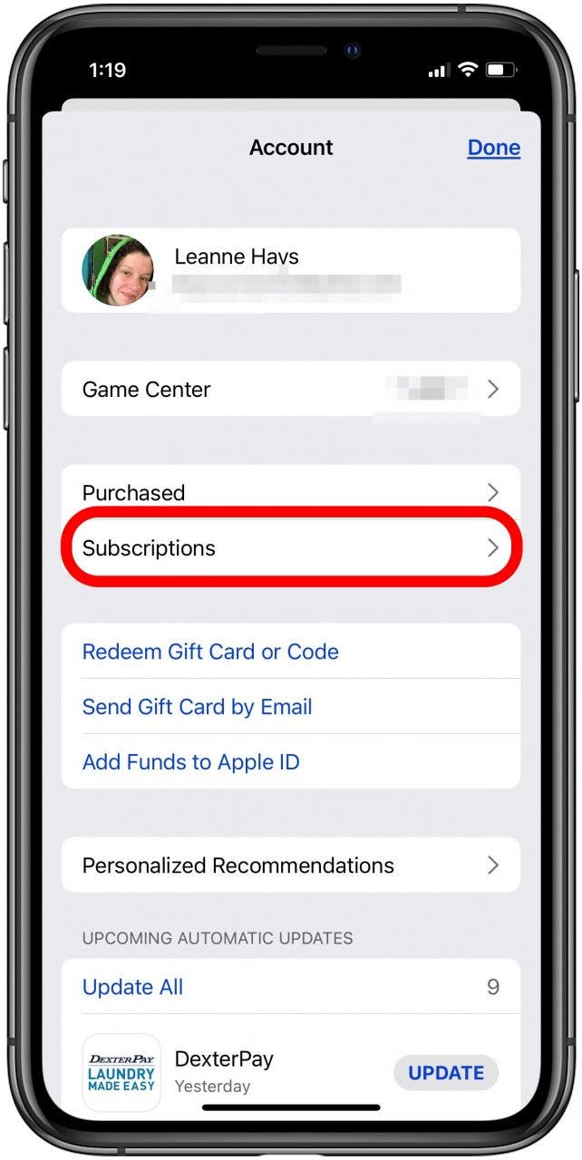 appuyez sur les abonnements pour voir les abonnements à l'App Store