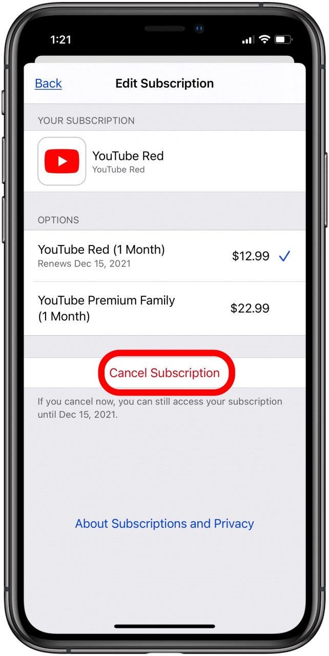 appuyez sur une option pour modifier l'abonnement à l'application