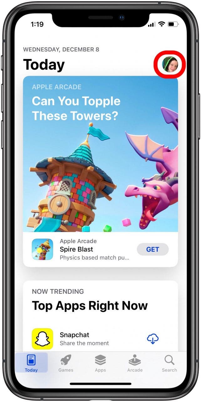 appuyez sur l'icône de profil de l'App Store