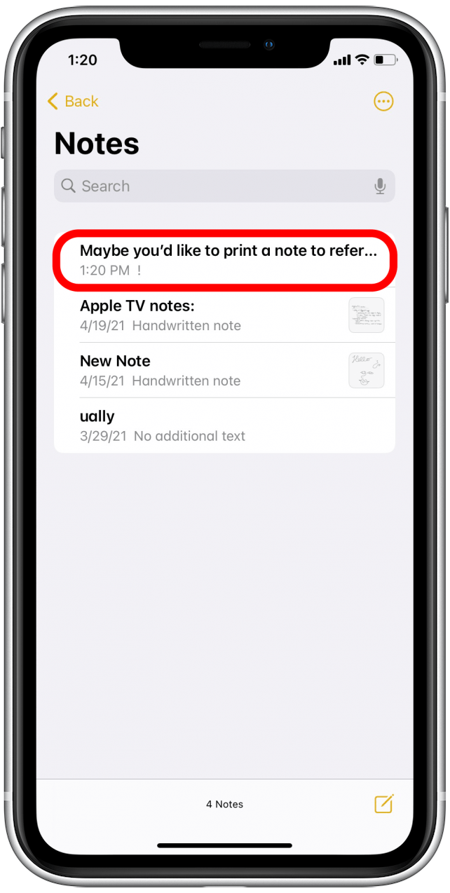 Sélectionnez Note à imprimer