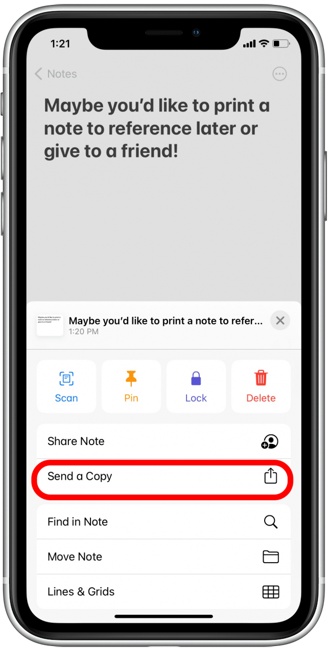 Appuyez sur envoyer une copie pour imprimer la note