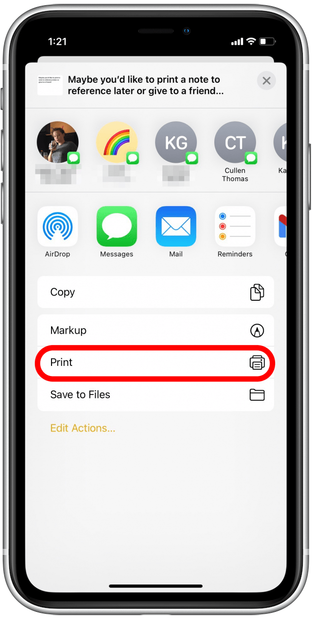 Appuyez sur imprimer pour imprimer la note depuis l'iPhone