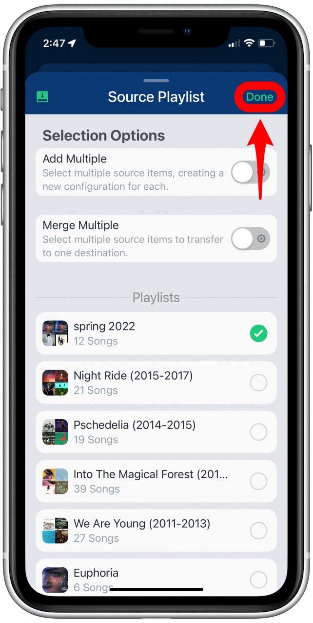 appuyez sur terminé pour transférer la liste de lecture entre les services de streaming
