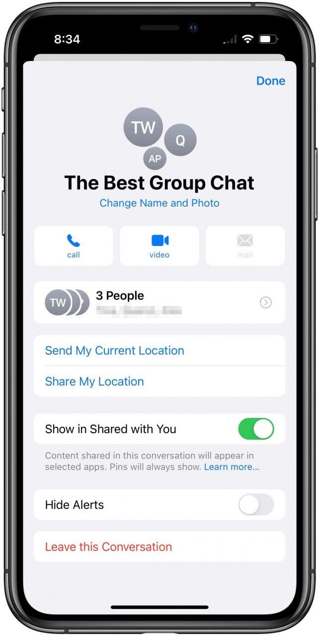 Écran des paramètres iMessage pour une discussion de groupe