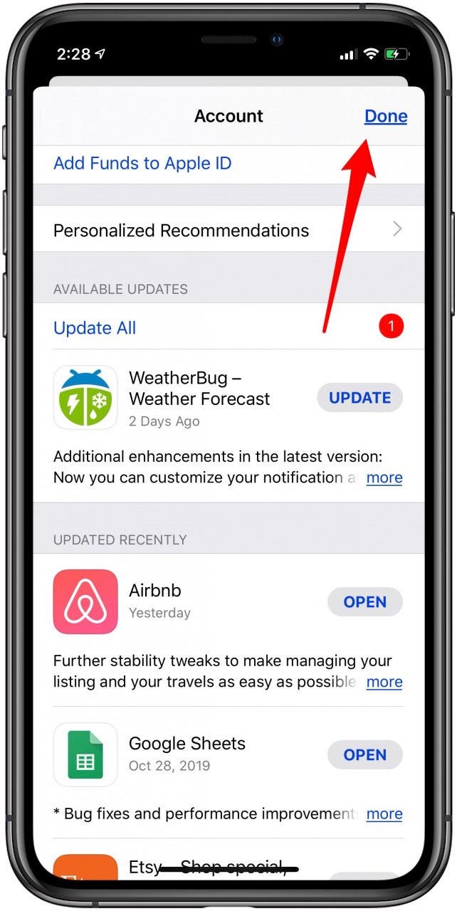 appuyez sur terminé lorsque vous avez terminé la mise à jour des applications