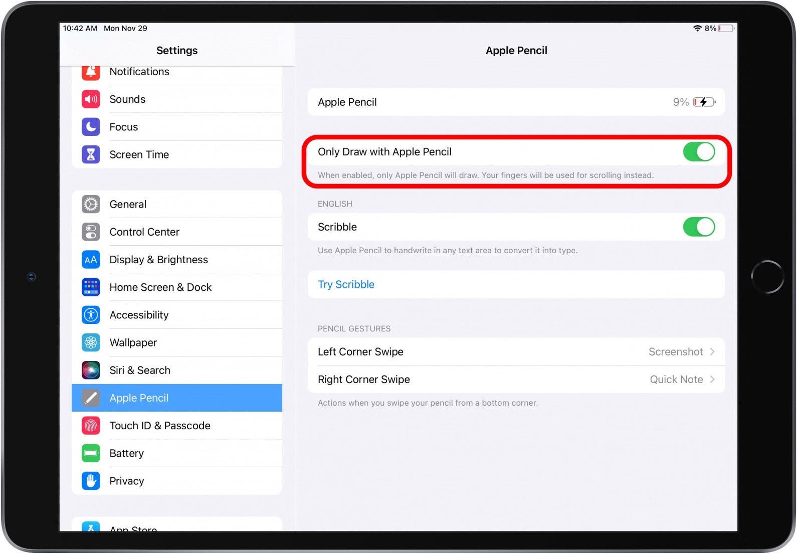Dessiner uniquement avec Apple Pencil