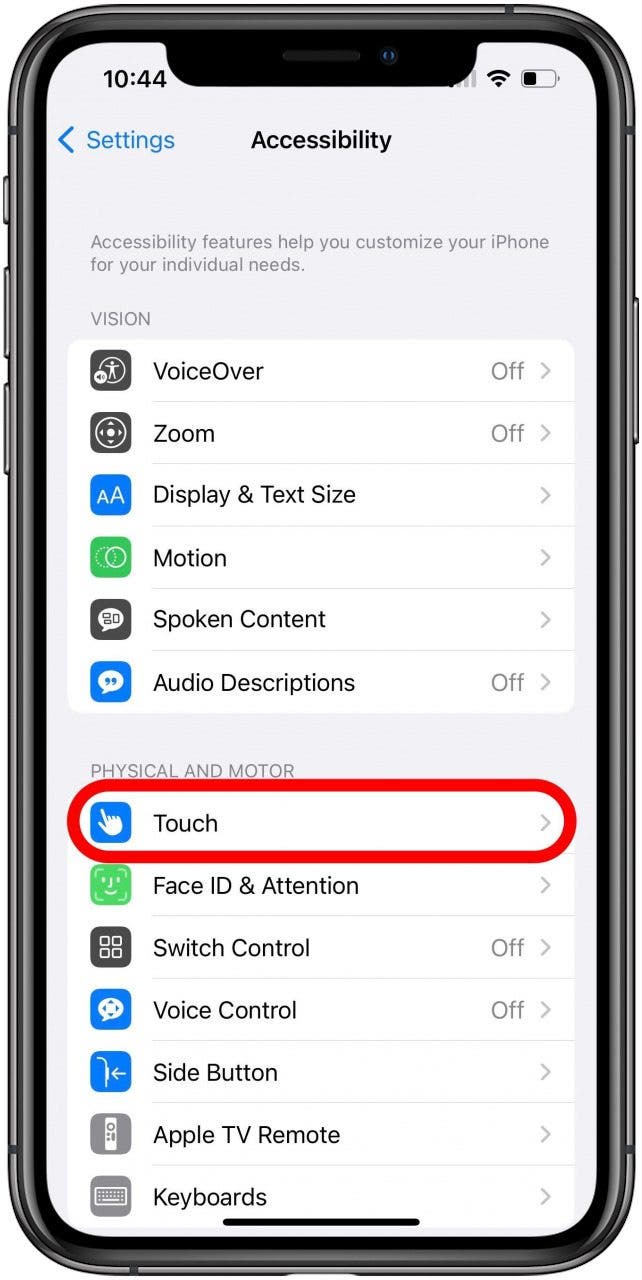 Paramètres d'accessibilité avec l'option tactile marquée