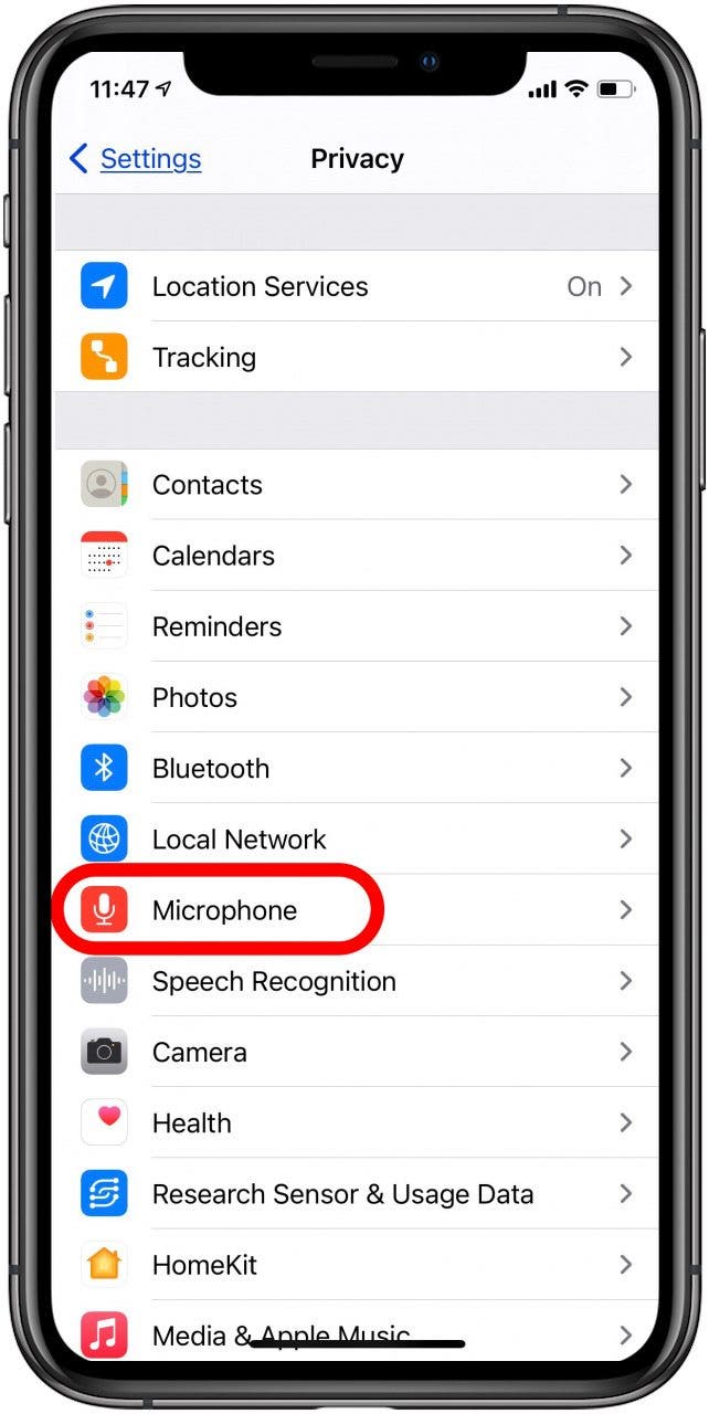 paramètres de confidentialité du microphone iphone