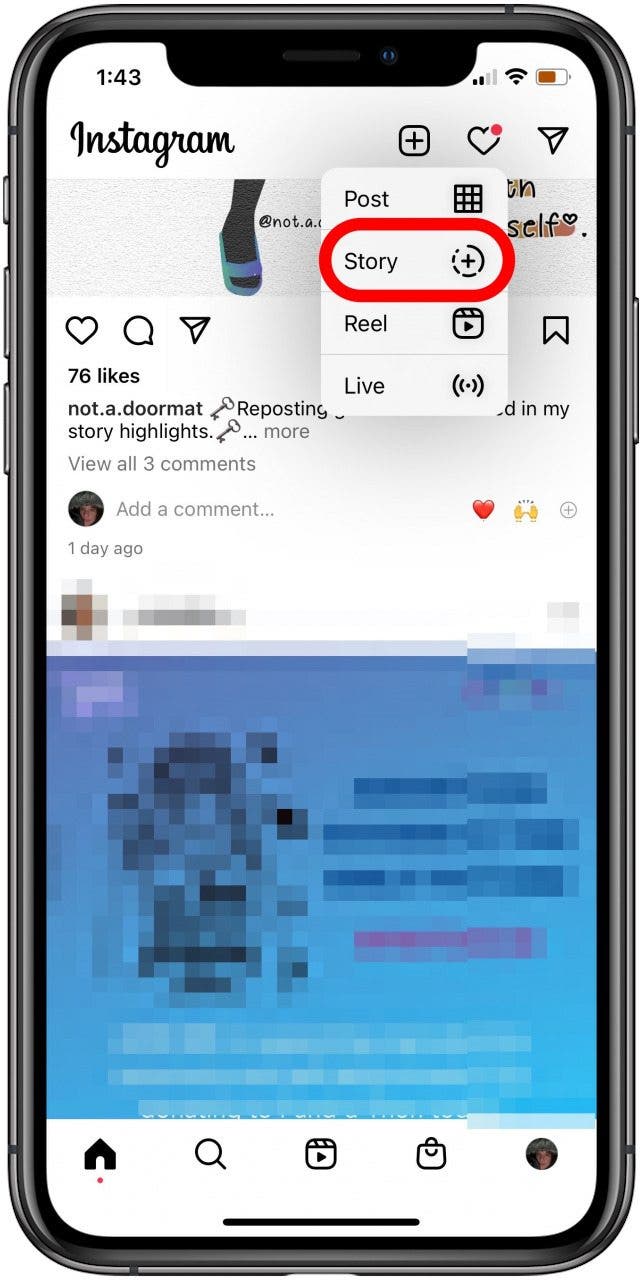 appuyez sur le signe plus, puis appuyez sur histoire pour ajouter des photos à instagram