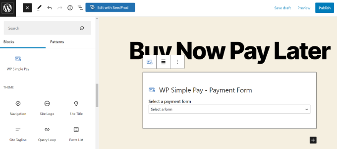 Ajouter un bloc WP Simple Pay Ajouter un bloc WP Simple Pay