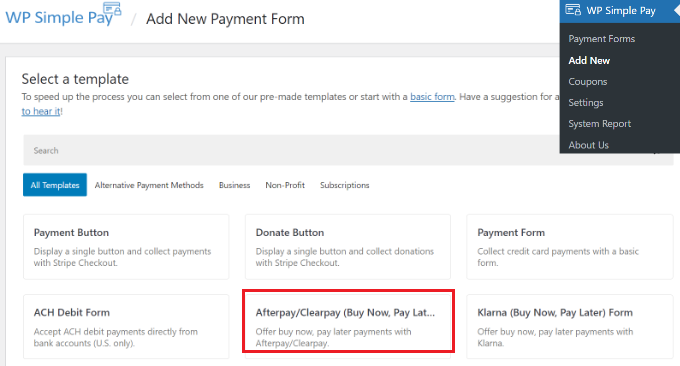 Sélectionnez le modèle de formulaire Afterpay Sélectionnez le modèle de formulaire Afterpay