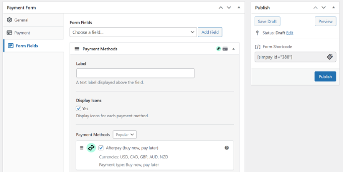 Choisissez le mode de paiement Afterpay et publiez le formulaire Choisissez le mode de paiement Afterpay et publiez le formulaire