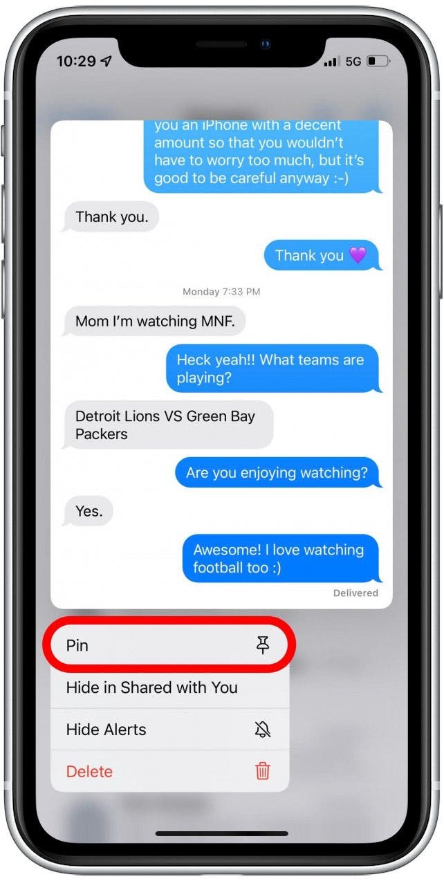 Épingler des contacts dans Messages sur iPhone