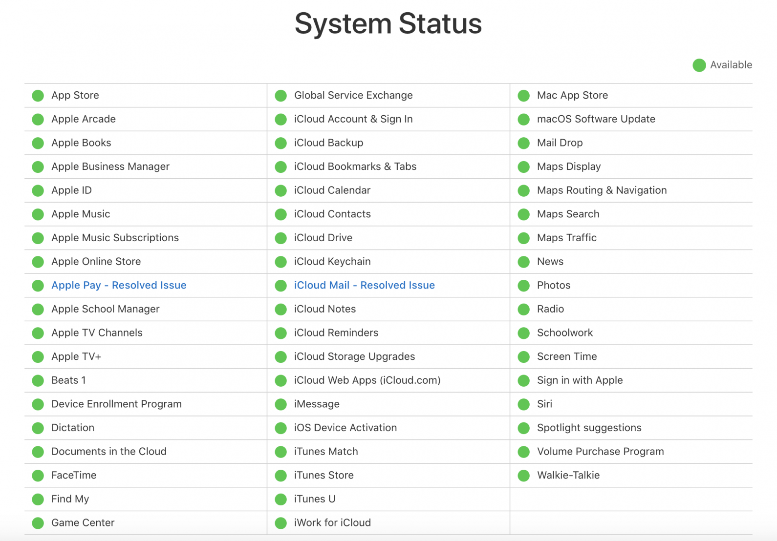 état du système Apple