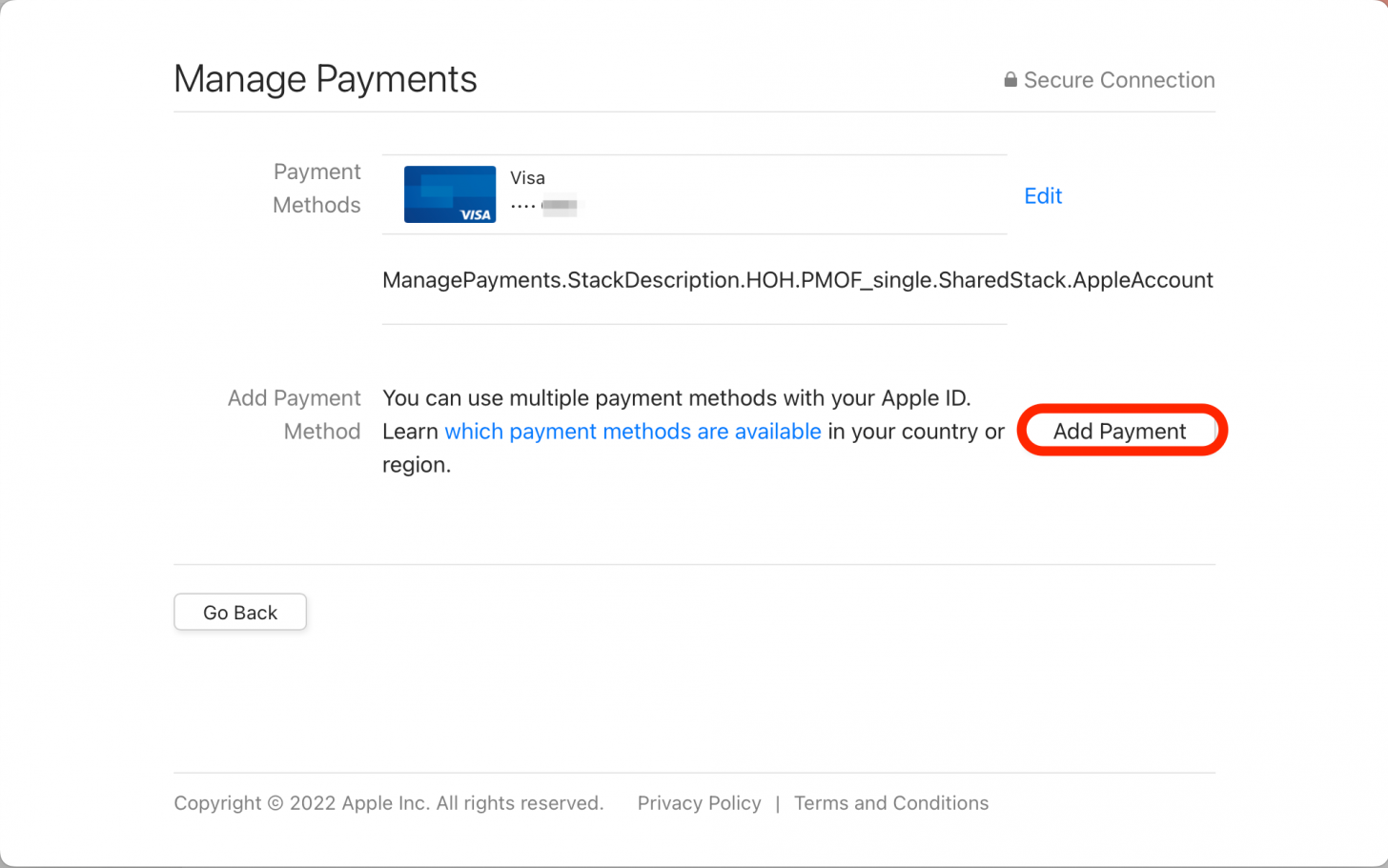 Cliquez sur Ajouter un paiement pour ajouter un nouveau mode de paiement App Store.