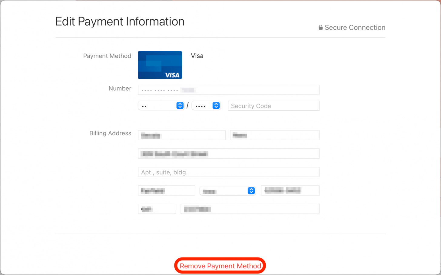 Si vous souhaitez supprimer entièrement une carte de crédit, cliquez sur Modifier, puis sur Supprimer le mode de paiement.
