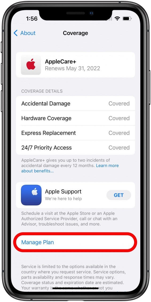 Écran de couverture AppleCare+ avec Gérer le plan marqué.